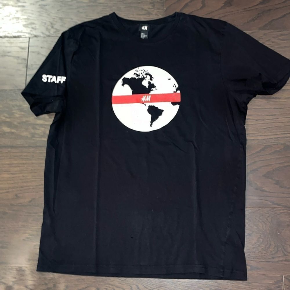 H&M STAFF label T shirt mens unisex black crewneck global tee short sleeve XL